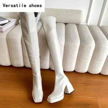 Зимние сапоги выше колена, модные сапоги с боковыми молниями и квадратным каблуком, элегантные женские сапоги в стиле Mordern 35