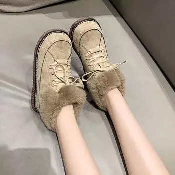 Зимние сапоги, женская зимняя плюшевая теплая хлопковая обувь, универсальная нескользящая шерстяная хлопковая обувь на шнуровке на толстой подошве 39 дубильная кора