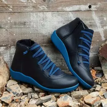 Зимние сапоги женские 2024 новые зимние весенние туфли на плоской подошве женские уличные модные короткие винтажные сапоги удобные меховые женские сапоги на шнуровке 35 чёрный