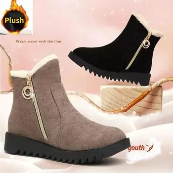 Зимние сапоги женские модные зимние сапоги на молнии женские теплые плюшевые туфли на платформе нескользящие ботильоны женские новые сапоги на плоской подошве женские 35 чёрный