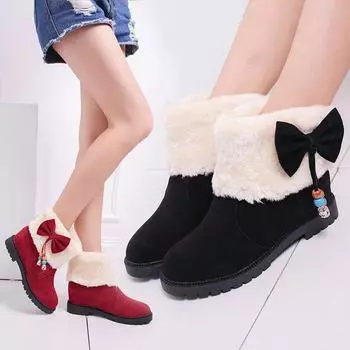 Зимние сапоги женские, новые, с круглым носком, плоским дном, бантом, короткие, бархатные, теплые женские сапоги 35 красный