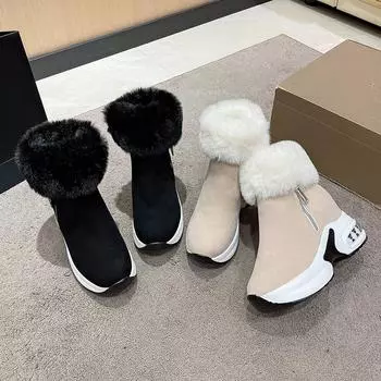 Зимние сапоги женские с меховым покрытием 2024 года, новые короткие сапоги с боковой молнией и толстым дном, зимние модные хлопковые сапоги прилив 35