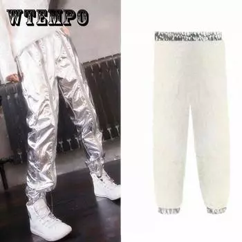 Зимние серебристые блестящие брюки из искусственной кожи, женские корейские версии повседневных брюк со свободными ногами, бархатные утолщенные спортивные брюки-шаровары, тренд XXL