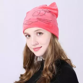 Зимние шапки-бини для женщин, вырезанная шапка со стразами, шапка с рисунком кошки, бархатная шапка с ушками для девочек 55-58cm серый