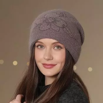 Зимние шапки для женщин, шапка-бини из кроличьего меха, толстая теплая вязаная шапка, модные двухслойные теплые лыжные шапки с цветочным принтом