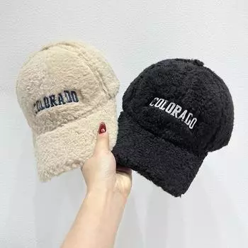 Зимние шапки из овечьей шерсти, новые, с большой вышивкой, теплые, бейсбольные кепки, плюшевые, однотонные, для женщин и мужчин adjustable чёрный
