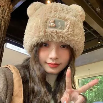 Зимние шапки мужские и женские утепленные теплые защитные шапки вязаные универсальные большая окружность головы милые медвежьи ушки шерстяная шапка фабрика One Size легкие хаки