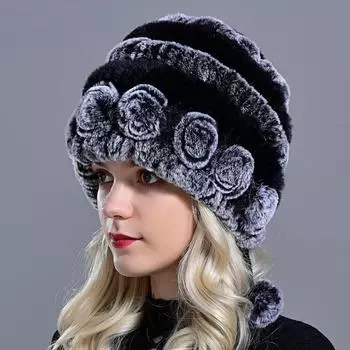 Зимние шапки Raglaido для девочек, женская меховая шапка из настоящего кролика, шапка с цветочным принтом, вязаная шапка с шариками и черепами, 55-59 см, LQ11280 55to59cm белый/кофейный