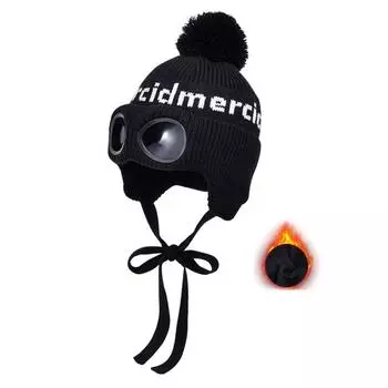 Зимние шапки Skullies с очками, женская вязаная шерстяная шапка с буквами и меховыми шариками, для улицы, теплая, для защиты ушей, для защиты рук серый