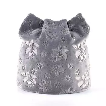 Зимние шапки женские бархатные шапки с тиснением цветов женские теплые однотонные шапочки с ушками для девочек 55-58cm синий