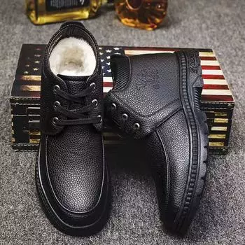 Зимние шерстяные кожаные ботинки, мужские повседневные модные кожаные туфли на хлопковой подкладке, толстые теплые теплые ботинки с высоким берцем на флисовой подкладке 39