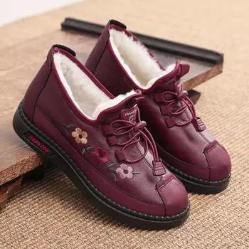 Зимние шерстяные красные хлопковые туфли женские повседневные туфли с круглым носком для пожилых леди теплые туфли с вышитой подошвой из говяжьих сухожилий женские туфли утолщенные 35 красный