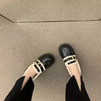 Зимние шерстяные туфли Мэри Джейн с квадратными пуговицами из коровьего спилка, с круглым носком, классические туфли на толстом среднем каблуке, британские школьные туфли L26 35 чёрный