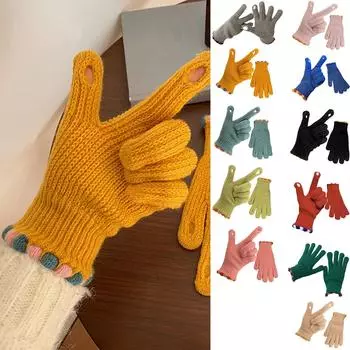 Зимние шерстяные вязаные перчатки без пальцев, однотонные, экранные, теплые, ветрозащитные, для велоспорта, раздельные One Size чёрный