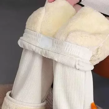 Зимние широкие брюки на флисовой подкладке, повседневные утепленные мешковатые спортивные штаны, женские прямые брюки с высокой талией в Корейском стиле из овечьего пуха M чёрный