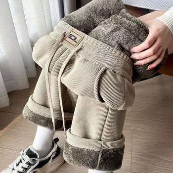 Зимние широкие брюки женские осенние плюшевые брюки женские очень толстые овечьи флиса теплые прямые корейские брюки джоггеры женские M чёрный