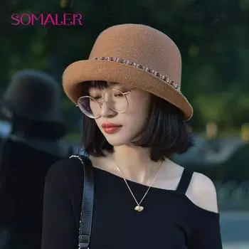 Зимние шляпы-клоши SOMALER, шерстяные панамы, осенняя банкетная шляпа-федора, шерстяные фетровые шляпы-федоры с модным украшением для вечеринки чёрный