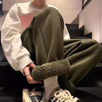 Зимние штаны из овечьего флиса, мужские свободные леггинсы, повседневные защитные брюки, утепленные плюшевые спортивные длинные брюки S чёрный