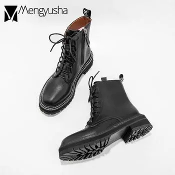 Зимние швейные ботинки женские на шнуровке и молнии Goth Botines Femme короткие кожаные ботинки с перекрестными шнурками и высоким верхом для мотоцикла 4.5 чёрный
