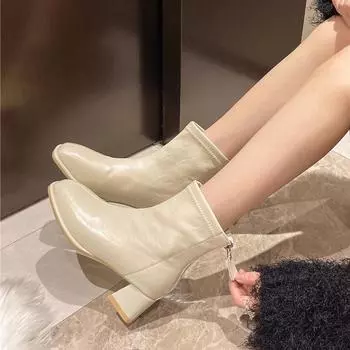 Зимние современные ботинки на квадратном каблуке, круглый носок, средний каблук, женская обувь на распродаже 2025 года, высококачественные лаконичные женские ботинки на молнии 35 бежевый