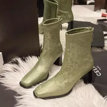 Зимние современные ботинки на квадратном каблуке с острым носком на щиколотке, женская обувь на молнии, распродажа 2024 года, лаконичные женские ботинки на высоком каблуке с однотонным шитьем 35 бежевый