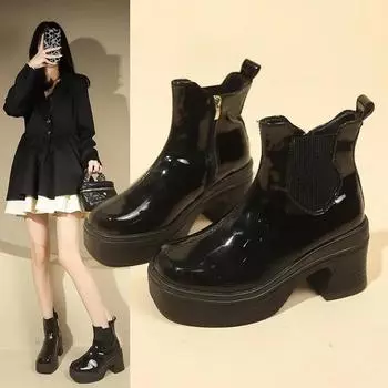 Зимние современные ботинки на квадратном каблуке с застежкой-молнией на щиколотке, круглый носок, модная обувь 2024 года, женские ботинки на высоком каблуке, однотонные, сшитые, лаконичные женские ботинки 35 чёрный