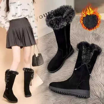 Зимние современные сапоги до середины голени на плоской подошве с круглым носком, женская обувь на распродаже, модные однотонные женские сапоги на среднем каблуке с отогнутым краем 35 чёрный