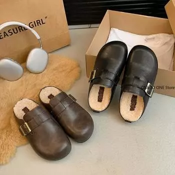 Зимние современные тапочки на низком каблуке на плоской подошве с застежкой-молнией, женская обувь 2025 года, высококачественные однотонные неглубокие новинки, женские тапочки Chinelos 35 чёрный