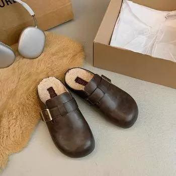 Зимние современные тапочки на низком каблуке на плоской подошве с застежкой-молнией, женская обувь 2024 года, высококачественные однотонные неглубокие новинки, женские тапочки Chinelos 35 коричневый