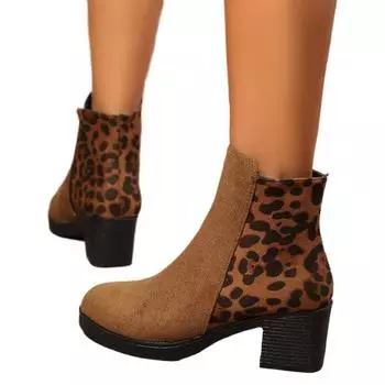 Зимние стильные женские сапоги для верховой езды с круглым носком, на низком каблуке, в тон, с леопардовым принтом, в стиле ретро 36