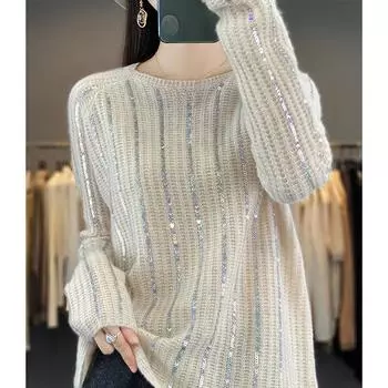 Зимние свитера Осенние женские блестящие принты Водолазка Летучая мышь Свитера Вязание Свободный свитер One Size жёлтый