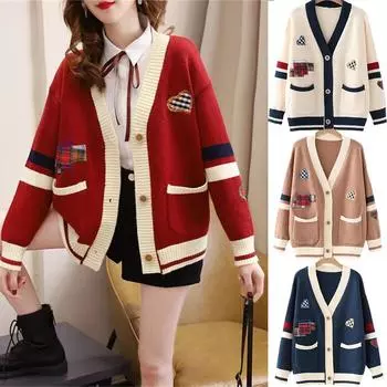 Зимние свитера, вязаный кардиган для женщин, свободные повседневные винтажные пальто с цветными блоками, осенние топы с V-образным вырезом в корейском стиле с длинными рукавами для женщин One Size белый