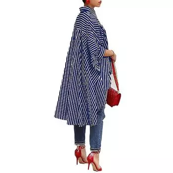 Зимние свободные большие полосатые топы с длинными рукавами на пуговицах, туники, блузки, рубашки для женщин, модные женские повседневные мешковатые рубашки больших размеров, асимметричные топы M синий