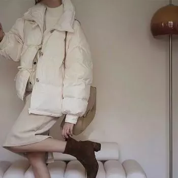 Зимние свободные женские куртки и пальто для студентов, толстые однобортные парки S бежевый