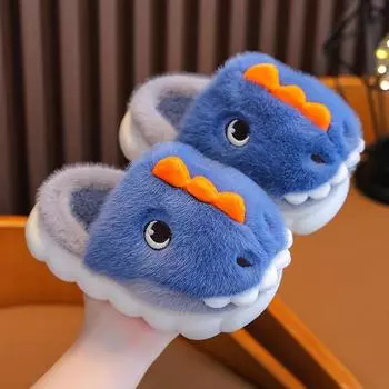 Зимние тапочки для девочек и мальчиков, теплые плюшевые детские домашние тапочки с рисунком акулы, нескользящая детская домашняя обувь на платформе для спальни 24 синий