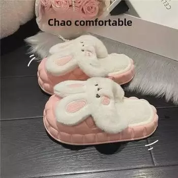 Зимние тапочки кролика: Нескользящие, съемные, водонепроницаемые, теплые, хлопковые домашние туфли на толстой подошве 36-37