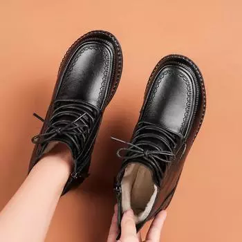 Зимние теплые ботильоны из натуральной кожи с флисовой подкладкой для женщин среднего и пожилого возраста. Мамины туфли из хлопка с нескользящей мягкой подошвой и шнуровкой. 35