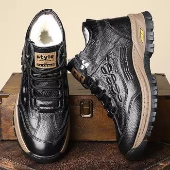 Зимние теплые ботинки для снега для мужчин, короткие мотоциклетные ботинки из высококачественной кожи на шнуровке с меховой подкладкой, мужские походные ботинки чукка, нескользящая деловая рабочая обувь 38 чёрный