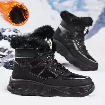Зимние теплые ботинки для снега для мужчин, водонепроницаемые, на шнуровке, с подкладкой из искусственного меха, ботильоны, мужские туфли без застежек для прогулок на открытом воздухе, походов, работы, высокие кроссовки 39 чёрный