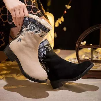 Зимние теплые ботинки для женщин, ботильоны с вышивкой на низком каблуке, женские ботинки для ходьбы с подкладкой из искусственного меха и молнией сбоку 35