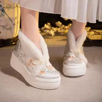 Зимние теплые ботинки для женщин, ботильоны на толстой платформе с подкладкой из искусственного меха, женские удобные вышитые нескользящие короткие ботинки для ходьбы, обувь 34 белый