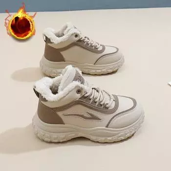 Зимние теплые ботинки для женщин, нескользящие, на шнуровке, из искусственной кожи, на толстой платформе, ботильоны, женские удобные короткие ботинки с подкладкой из искусственного меха 35 чёрный