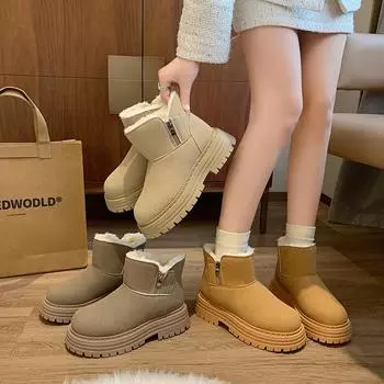 Зимние теплые ботинки для женщин, нескользящие, на толстой платформе, ботильоны, женские, с подкладкой из искусственного меха, удобные, из искусственной замши, короткие ботинки с застежкой-молнией 35 хаки