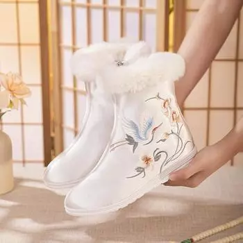 Зимние теплые ботинки для женщин, нескользящие, с подкладкой из искусственного меха, вышитые, женские удобные, пушистые, короткие ботинки для ходьбы с боковой молнией 34 белый