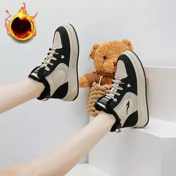 Зимние теплые ботинки для женщин, нескользящие, на шнуровке, из искусственной кожи, на толстой платформе, ботильоны, женские удобные короткие ботинки с подкладкой из искусственного меха 35 чёрный