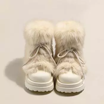 Зимние теплые ботинки для женщин, нескользящие ботинки на шнуровке с подкладкой из искусственного меха, женские короткие ботинки на толстой платформе с плюшевым искусственным мехом и телячьей кожей 35 чёрный