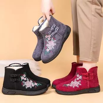 Зимние теплые ботинки для женщин, вышитые, пушистые, нескользящие, на платформе, ботильоны, с подкладкой из искусственного меха, женские удобные короткие ботинки для ходьбы 35 чёрный