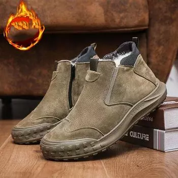 Зимние теплые ботинки, кожаные мокасины для мужчин, роскошная удобная повседневная обувь, дышащие мужские мокасины для вождения, прогулочные кроссовки для мужчин 39 чёрный