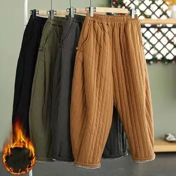 Зимние теплые брюки из хлопка с застежкой-молнией, утолщенные, в стиле ретро, с пухом, женские брюки с эластичной резинкой на талии, свободные, свободные брюки XXXXL чёрный
