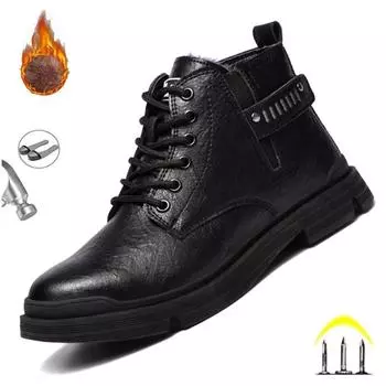 Зимние теплые черные кожаные защитные ботинки со стальным носком, водонепроницаемая рабочая защитная обувь для мужчин, мужская обувь с защитой от давления 36